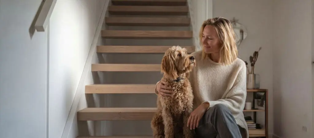 Een vrouw met haar hond die voor een gerenoveerde open trap zit