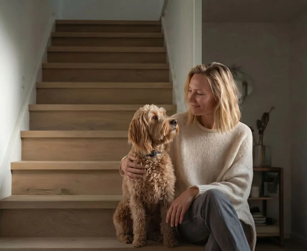 vrouw zit samen met haar hond op een dichte trap. Ze kijkt de hond lief aan.