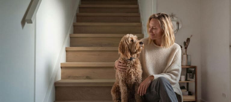 vrouw die samen met haar hond voor een pas gerenoveerde trap zit